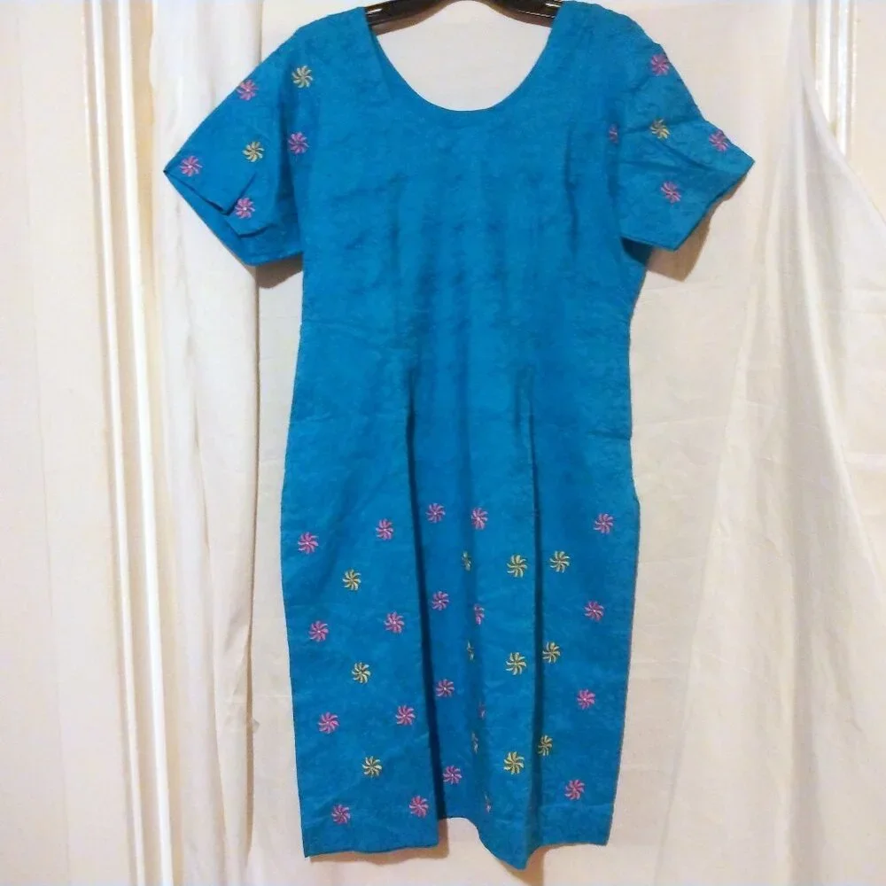 Artisan Embroidered Teal Blue Dress Spiral Detail M/L Boho Festival Jewel Tones - Picture 2 of 9